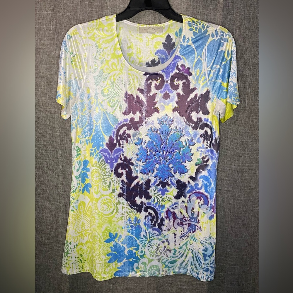 Laura Ashley Embellished Satin Tunic Top Medium Yellow Floral Short Sleeve